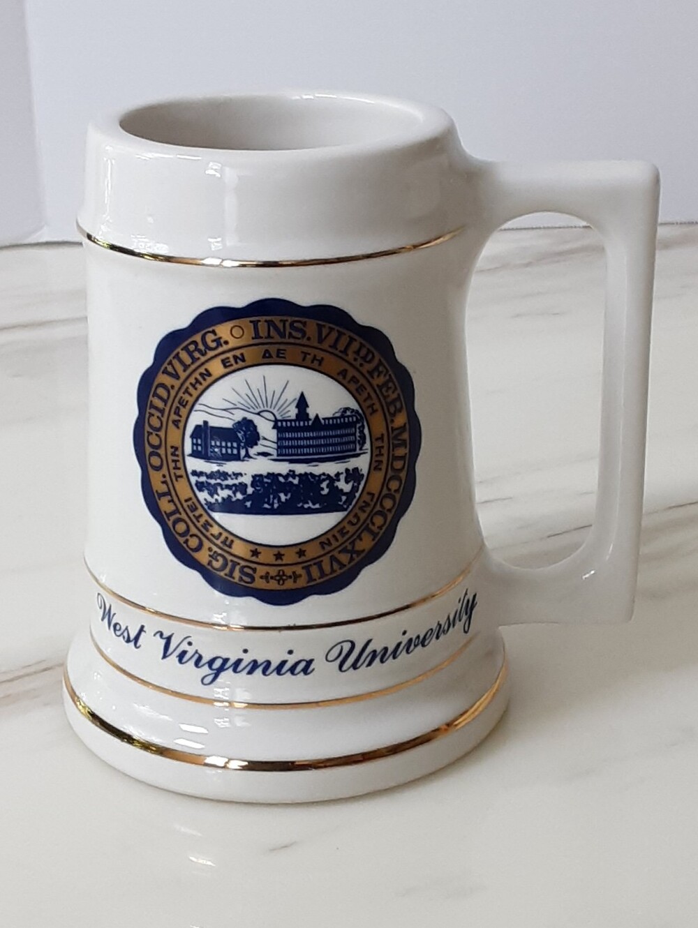 West Virginia University Ivory Crest Gold Trim Ceramic Mug Stein Tankard -Vtg